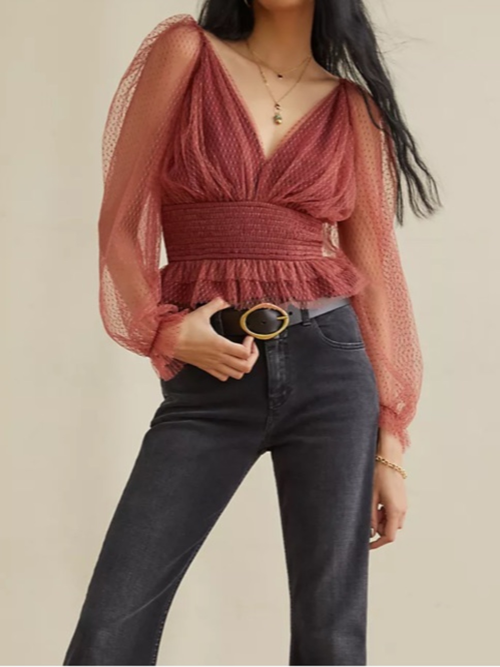 Anthropologie Tulle V Neck Blouse Bordeaux Red Sheer Smocked Peplum Top XS